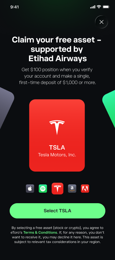 AirDrop, claim your free asset screen with the Tesla card selected