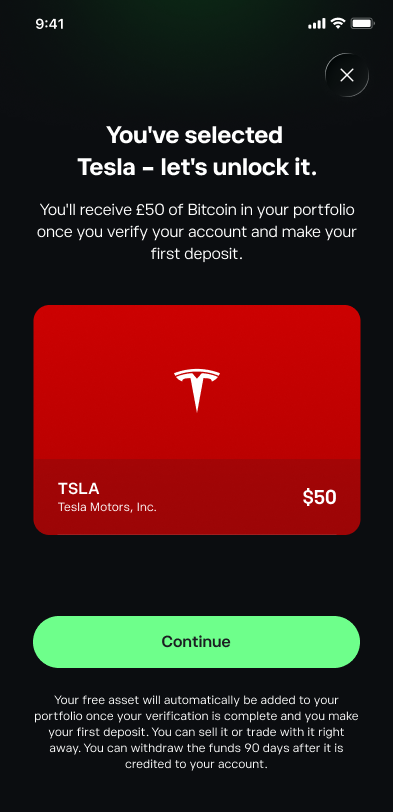AirDrop, Tesla selected with a $50 free position card