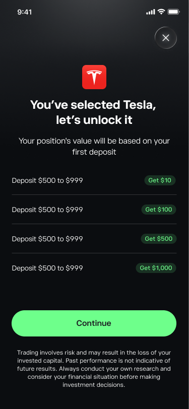 AirDrop, unlock screen showing reward tiers based on first deposit