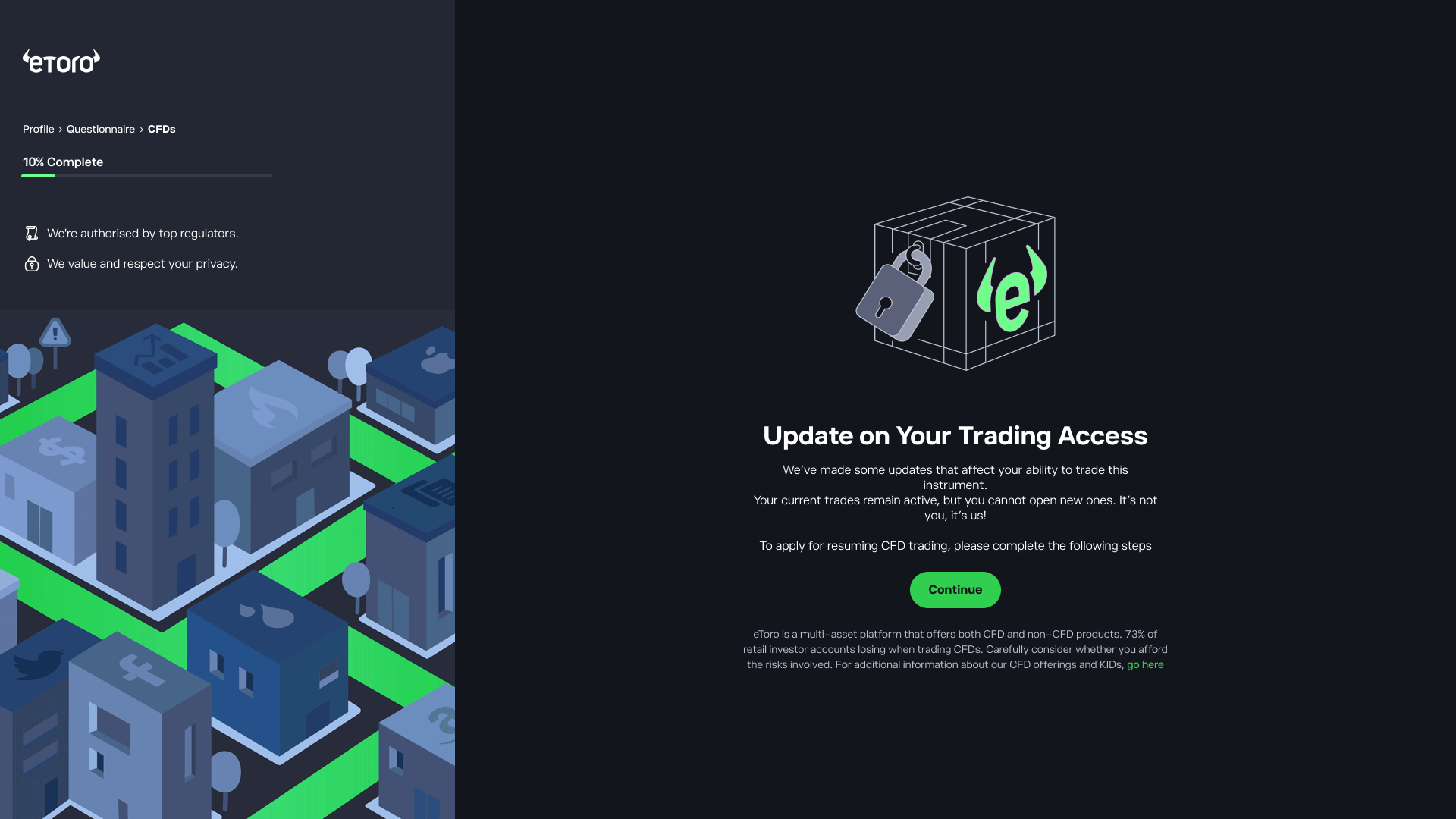 Desktop qualification screen: 'Update on your trading access' — regulated state telling the user their CFD trading is paused and inviting them to complete the following steps to resume.