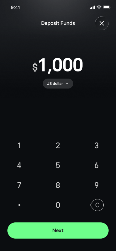 First-time deposit wizard: amount screen with a numeric keypad, $1,000 entered, US Dollar selected, and a large Next button.