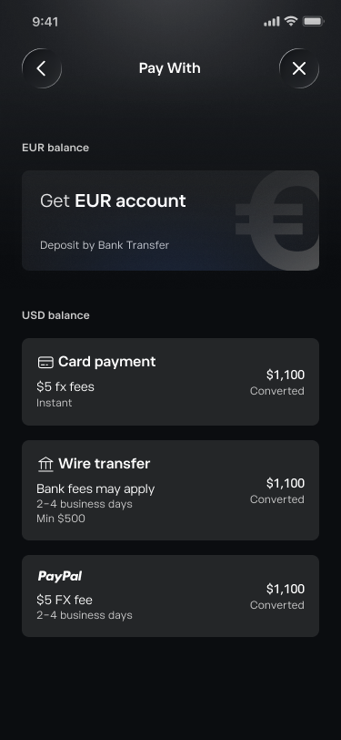 First-time deposit wizard: Pay With screen listing EUR account by bank transfer alongside USD options (Card payment, Wire transfer, PayPal) with speed and fee labels on each.