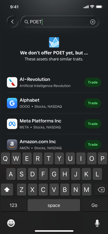 Redesigned search empty state — 'We don't offer POET yet, but…' with four alternative assets suggested, each with a Trade button.
