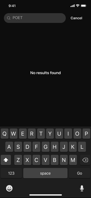 Original empty-state search screen showing 'No results found' with no further action.