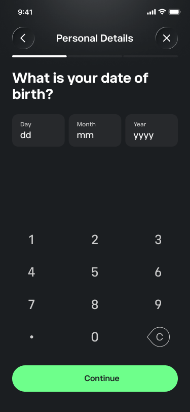 Date of birth input with numeric keyboard