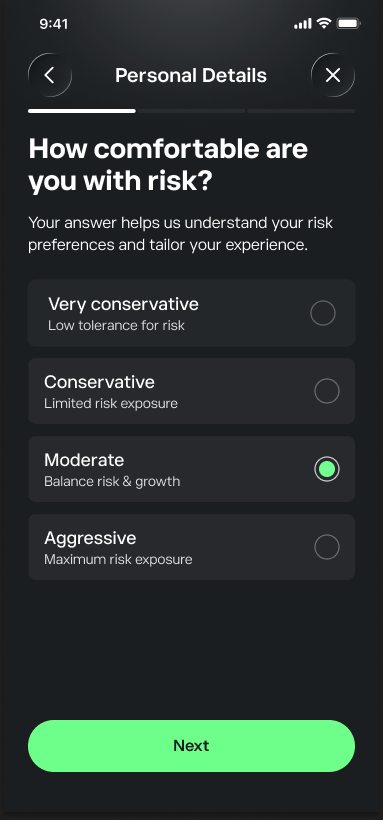 Risk profile — selected option highlighted