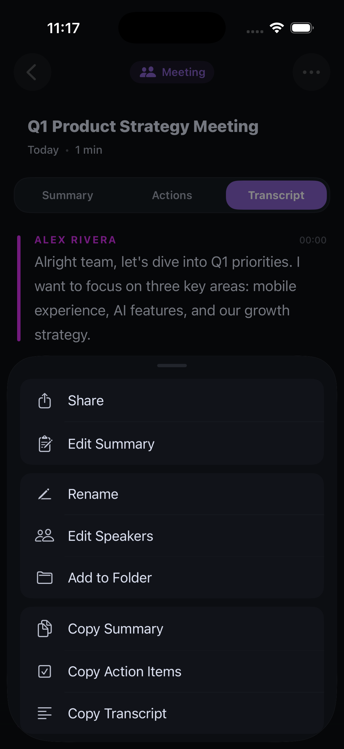 Memoth Per-recording actions menu with share, edit, copy summary and transcript options