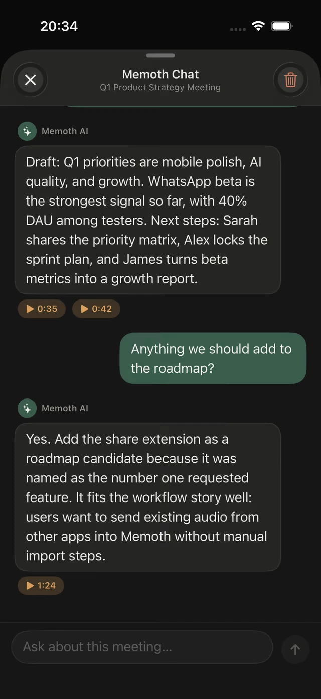 Memoth Chat answering questions about the Q1 Product Strategy Meeting, with links back to moments in the audio