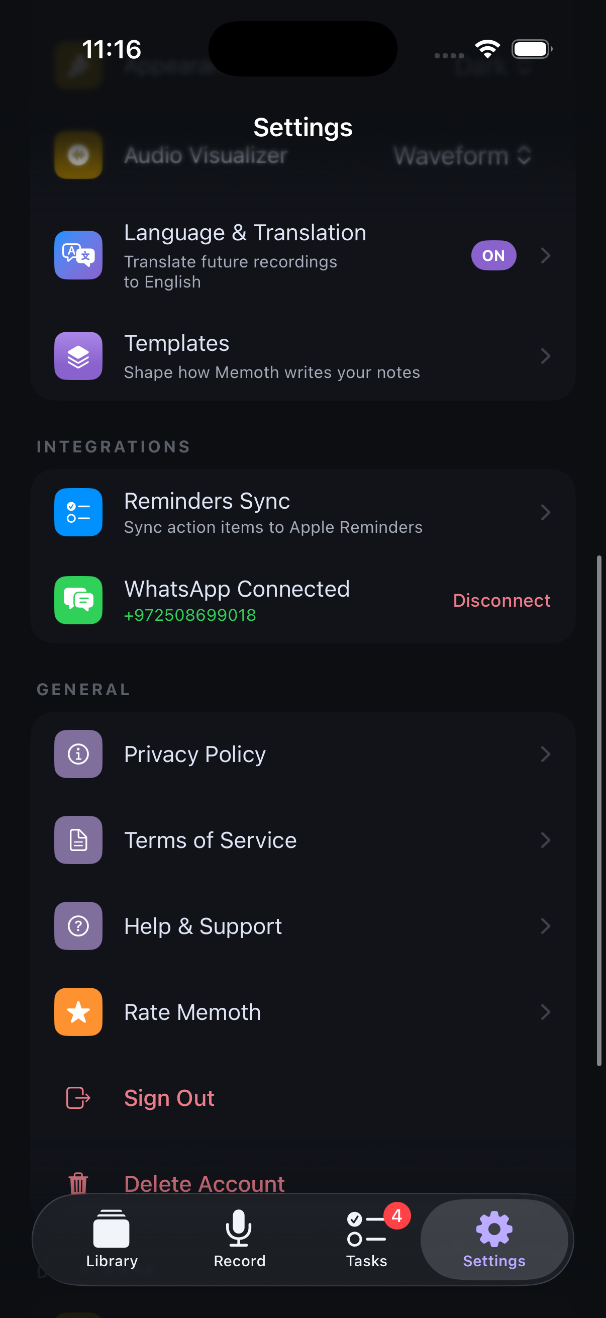 Memoth Integrations including Apple Reminders sync and WhatsApp bot connection