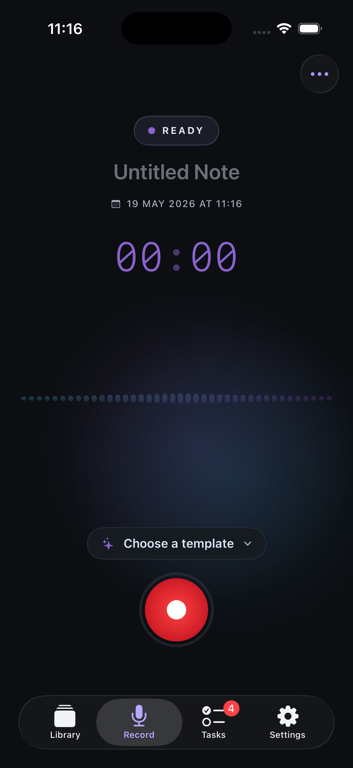 Memoth Ready state with template picker and large red record button