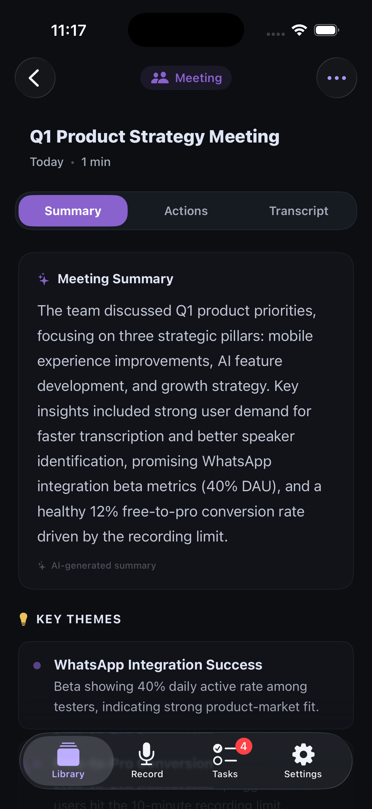 Memoth AI-generated summary of Q1 Product Strategy Meeting with key themes