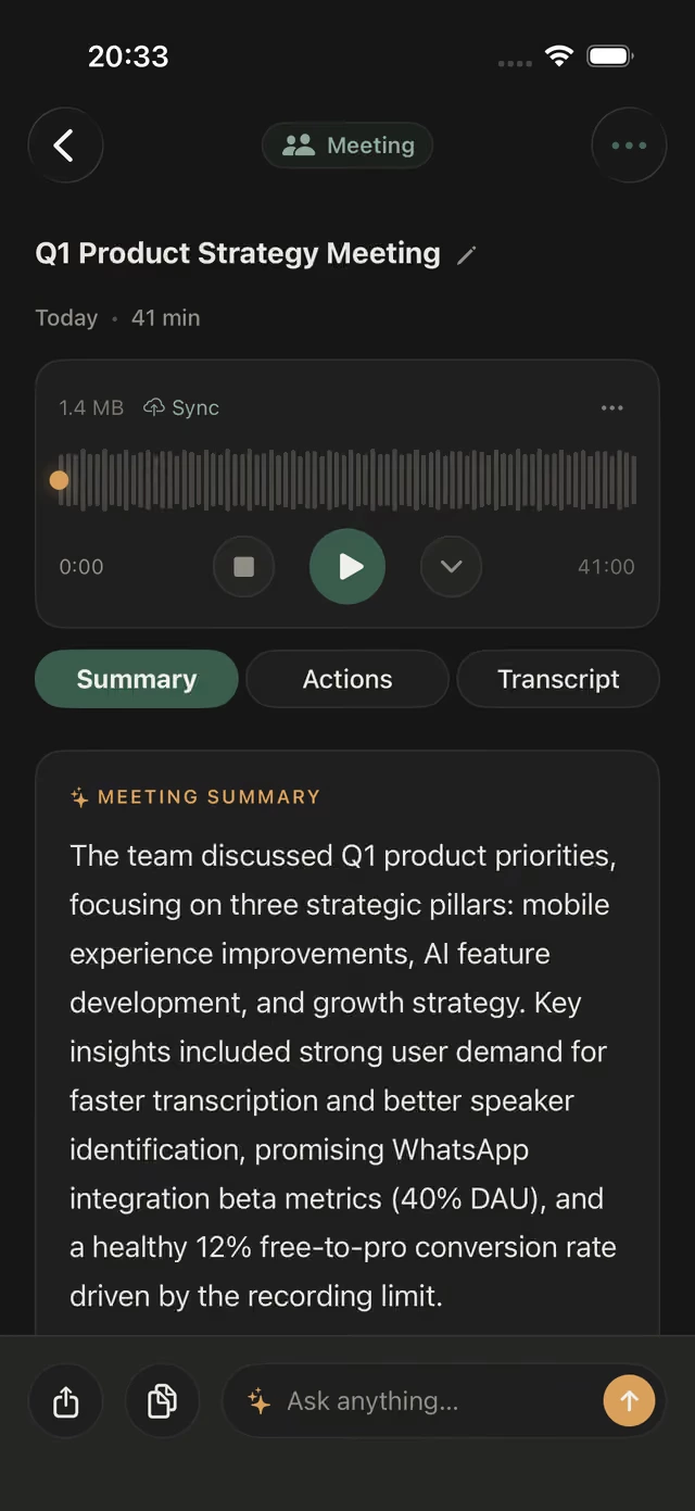 Memoth AI meeting summary of the Q1 Product Strategy Meeting