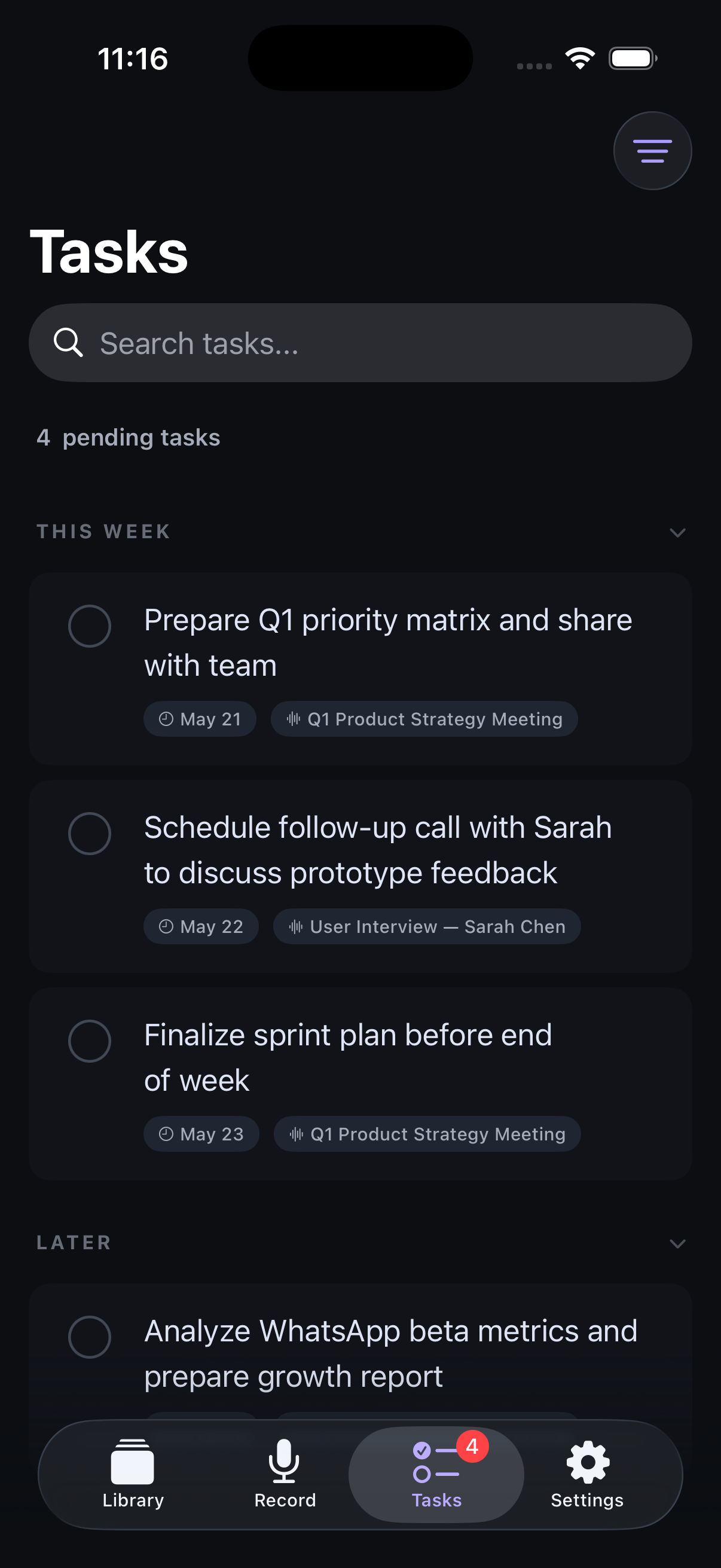Memoth Tasks view showing action items extracted from meetings, linked back to the recording