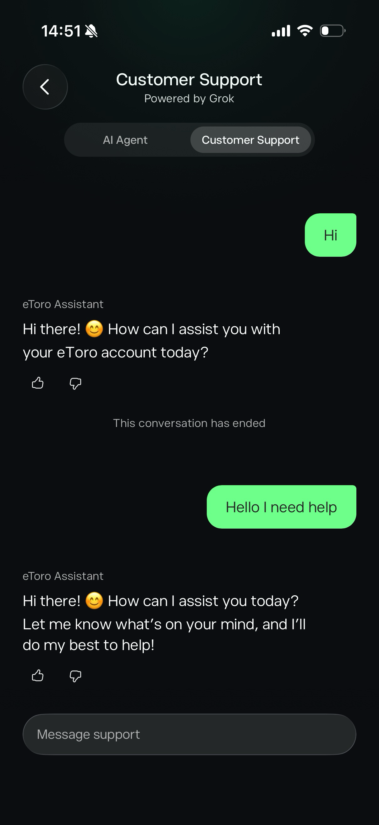 Tori AI in production: the Customer Support agent handling a conversation with the eToro Assistant.
